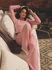 Aralina Sleepwear Fall Winter Cute Cosy Brushed Waffle Wide Leg Lounge Pant With Contrast Lace Trim - Pink - View 8