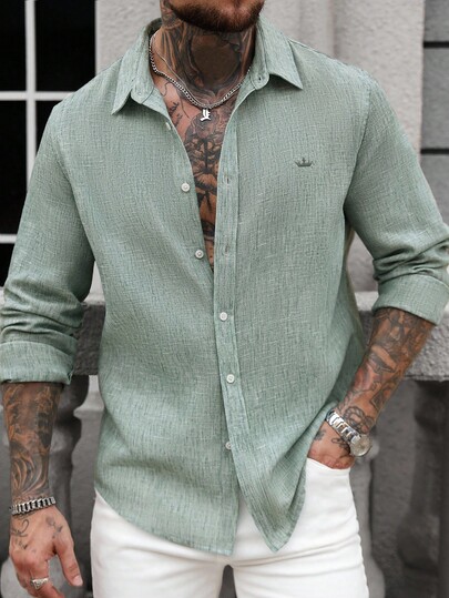 Manfinity CasualCool Camisa casual de manga larga con cuello bordado de lino para hombres, camisa de lino para hombres, camisa texturizada para hombres, camisa verde, top de manga larga, camisa de hombre para otoño, estilo "Old Money"