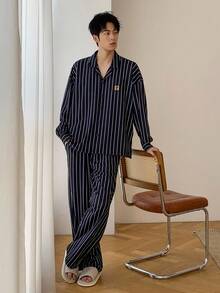 DAZY Navy Blue Striped Shirt With Embroidered Design Men's Loungewear Set, Autumn, Fall Clothes Pajama - Multicolor - View 5