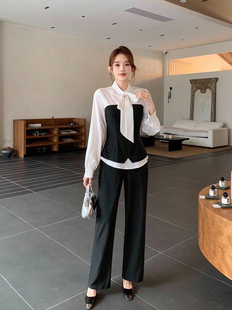 少女黑撞色白拼接编织纯色蝴蝶结装饰绑带通勤优雅撞色蕾丝二合一衬衫休闲通勤黑裤套装两件套 春秋装 秋冬内衣 返校季 派对 - 黑與白 - 查看 4