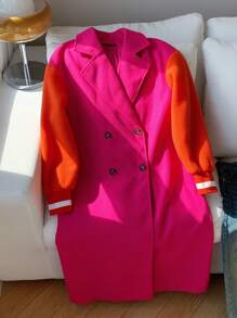 SHEIN EZwear Colourblock Drop Shoulder Double Breasted Overcoat - Hot Pink - View 4