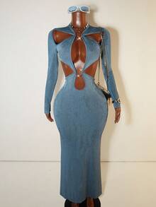 BamGleam 女士优雅性感镂空长袖连衣裙