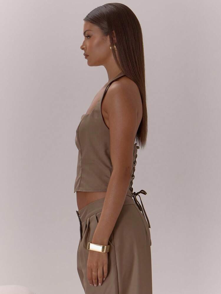 MUSERA Fitted Longline Halter-Neck Eyelet Lace Up Back Top Only Classy Sexy Night Out Occasion Vacation Layered Winter Party ,Elegant Festive, Holidays, Party - Khaki - View 4