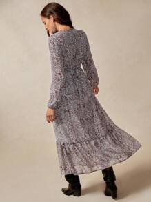 Florisole 女式优雅休闲佩斯利花卉荷叶边收腰长袖连衣裙 - 棕色 - 查看 2