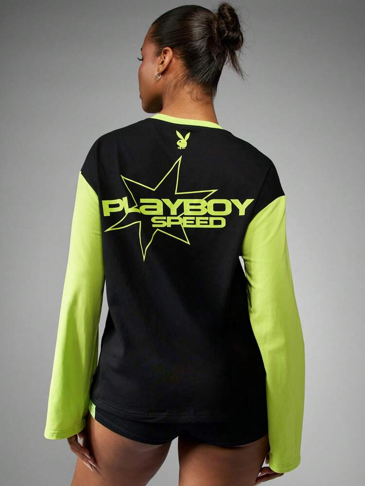 Missguided x Playboy Cotton Long Sleeve Color Block Graphic Tee With Neon Green Sleeves And Star Logo Design