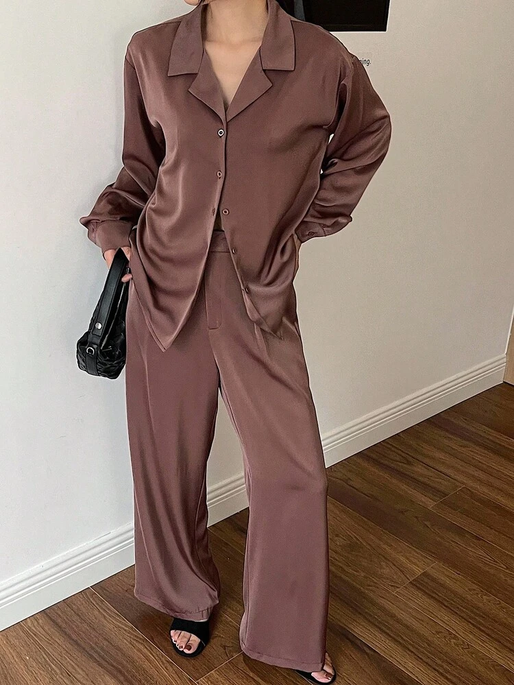 Women's Casual Solid Color Shirt And Wide Leg Pants 2 Pieces Set, Autumn
