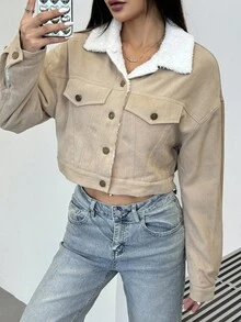 Áo khoác nữ tay dài dáng rộng, cài nút, ve áo màu tương phản, lót nhiệt, thời trang thu đông - Màu be - Xem 3