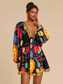 Travachic 女士度假V领长袖印花迷你连衣裙 - 黑色 - 查看 5