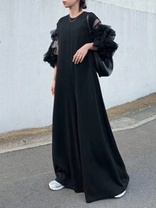 FRIFUL 女士宽松圆领网纱拼接阔腿连体裤，休闲纯色连体裤家居套装 - 黑色 - 查看 4