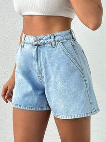 EURMUSE 100%Cotton Snow Wash Denim Shorts For Summer - Light Wash - View 3