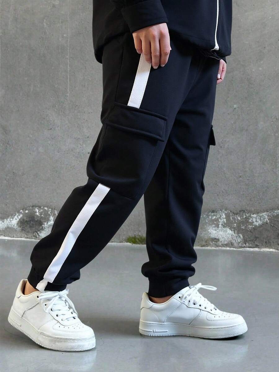 Young Boys' Casual Loose Fit Dark Gray Floral Print Sweatpants With Black Drawstring Waist And Pockets, Versatile For School, Home, Daily Wear, Sports, Birthday Party, Outings - Basic & Minimalist Fall Winter - Black - View 1