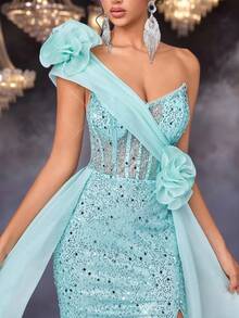 Glamrae Thanh lịch, Lãng mạn, Sang trọng, Trang nghiêm, Xanh lam, Lấp lánh, Không quai, Thắt eo, Xếp ly, Nàng tiên cá, Đuôi tàu, Váy dạ hội, Hoàn hảo cho Tiệc sinh nhật, Hẹn hò, Đám cưới, Dịp trang trọng, Váy dạ hội - Màu xanh ngọc - Xem 3