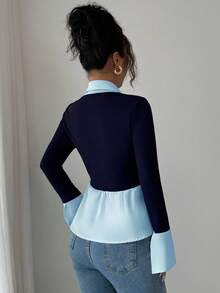 Elenzga Women's 2 In 1 Woven Patchwork Shirt Collar V-Neck Long Sleeve Fitted Flared Hem Elegant Blouse, Spring/Autumn/Winter Fall Cloth For Women