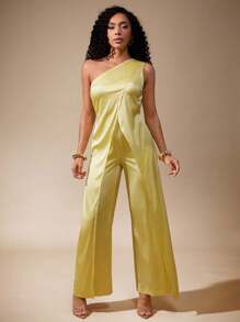 Vixey Solid Satin One Shoulder Wide Leg Sleeveless Jumpsuit - Yellow - View 3