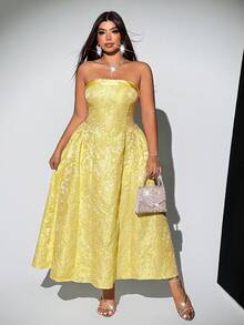 Viva Relle 大码女士优雅复古A字连衣裙，3D立体印花图案，适合情人节穿着 - 黃色 - 查看 4