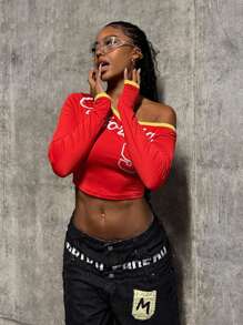 StreetHx Women's Sexy Asymmetric Neck Red English Print Cropped Long Sleeve T-Shirt, Street Fashion Style Fall Cloth For Women - Red - View 1