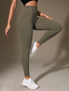 Easithlete 女式高腰罗纹无缝修身紧身裤 - 云朵柔软第二层肌肤柔软速干透气四向弹力紧身裤，适合跑步、骑行、瑜伽、泡菜球运动休闲，黑色 - 橄欖綠 - 查看 6