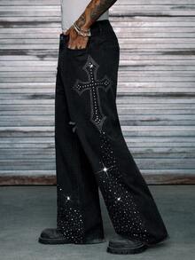 AXEPEAK 男士水洗宽松休闲水钻装饰裤 - 黑色 - 查看 5