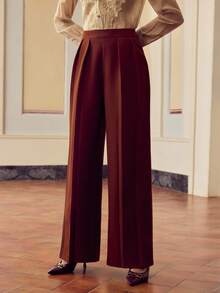 ZEYLAH Women's Casual Pleated Straight Leg Pants, Solid Color, For Daily Wear & Work Fall Cloth For Women - Brown - View 5