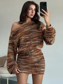 Aloruh 女士秋冬不对称肩长袖高腰修身复古条纹迷你连衣裙，上衣宽松，下装紧身，尽显身材 - 棕色 - 查看 2