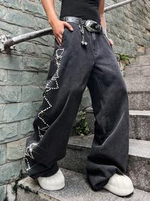 Manfinity EMRG 大码男士休闲水洗水钻装饰牛仔裤 - 黑色 - 查看 3