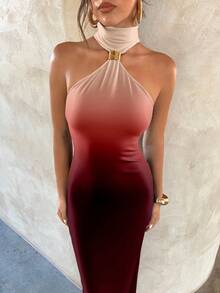 Aloruh Women's Elegant Sexy Metal Buckle Decor Hollow Out Bodycon Black Knit Stretch Maxi Dress, Ombre Angola Red Print, Graceful,Party Dress Chic Dress,Wedding Guest Dress,Prom Dress,Fall Wedding Guest Dress