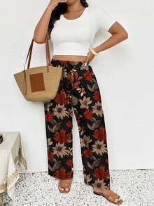 SHEIN Frenchy 大码女装，新款春夏商务休闲女装，沙滩装，情人节时尚，时尚通勤，优雅复古秋叶图案阔腿裤带口袋 - 彩色 - 查看 2