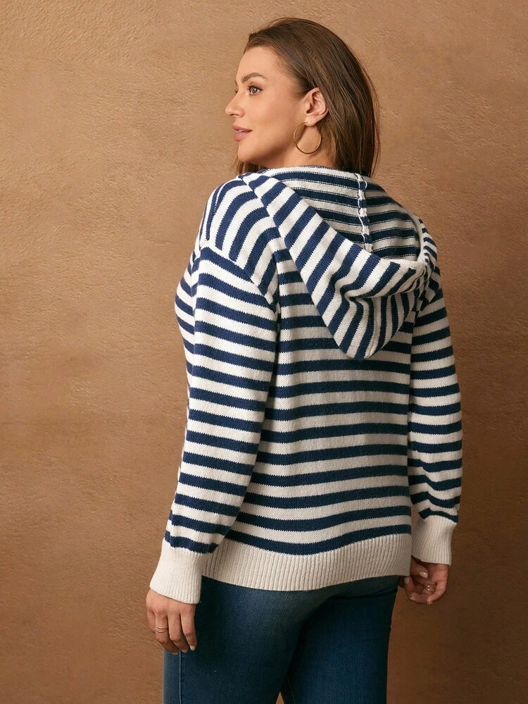 Plus Size Casual Commuter Knit Striped Top, Zip Up Hoodie For Women, Women's Winter Sweater
