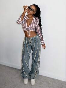 StreetHx Vintage Street Chic Distressed Tie-Up High Waist Straight Leg Jeans