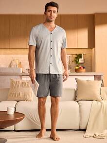 Manfinity Underwear&Sleepwear Basics Conjunto de pijama de pantalón corto y parte superior de manga corta de unicolor para hombre - Gris - Ver 5