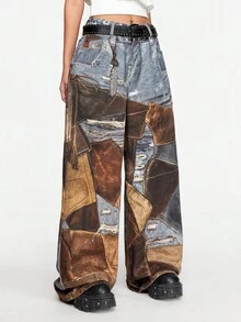 ROMWE Street Life Y2K 街头潮流朋克拼布印花宽松阔腿牛仔裤 - 彩色 - 查看 6
