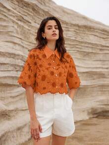 BELROSIE Women's Elegant Hollow Out Embroidered Daisy Random Vacation Shirt  All Over Print For Summer Spring Fall Autumn - Orange - View 6