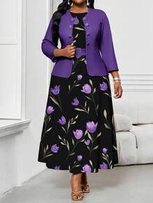 SHEIN Lady Autumn And Winter Elegant Modest Commuting Office Purple Dress Purple Plus Size Co-Ords Round Neck Chic Women's Set Women's Country Clothing Country Dress Country Dress For Women Purple Printed Two-Piece Suit Going Out Tops Halloween Clothes For Women Halloween Clothes For Women Dresses For Women Teacher Outfits For Women 2 Piece Sets For Women Women's Dresses Plus Size Dresses For Women Purple Dress Black Formal Dress For Women Formal Dresses For Women - Multicolor - View 3