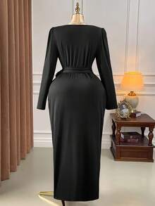 Rometta Váy dự tiệc mùa thu lấy cảm hứng từ phong cách Gothic cao cấp thanh lịch dành cho nữ cỡ lớn, váy dài tay màu đen, cổ chữ V ôm sát, thắt eo - màu đen - Xem 2