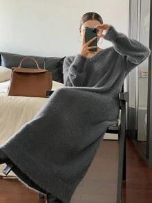 Livesso 女式纯色简约V领长袖毛衣裙秋冬 - 灰色 - 查看 7