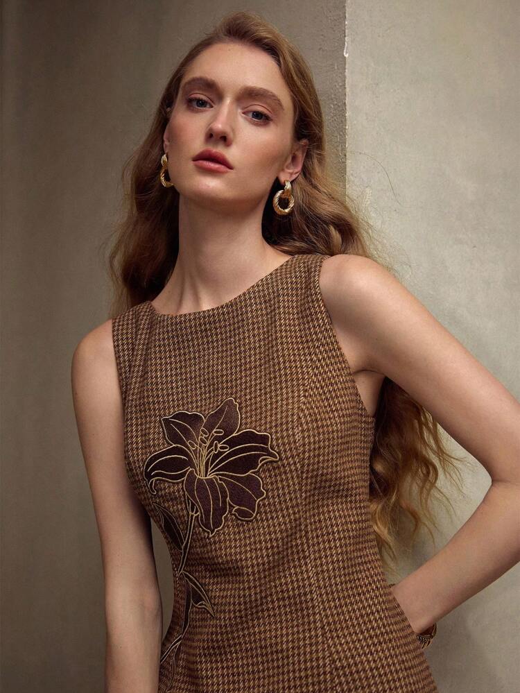 EMBROIDERY PLAID FITTED MINI DRESS