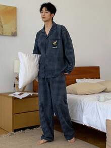 DAZY Bộ đồ ngủ nam gồm áo sơ mi kẻ caro thêu hình gấu và quần dài, mùa thu - Màu xanh hải quân - Xem 8