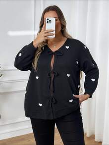 SHEIN CURVE+ Plus Size Women Heart Knitted Cardigan, French Elegant Fashion Autumn/Winter Sweater Cardigan, Off-Season Fall - Black - View 9
