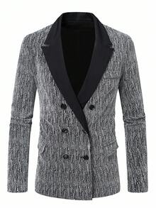 Manfinity AFTRDRK 男士银色V领正装西装外套，春夏季男士双排扣西装男士纹理西装男士时尚西装男士西装婚礼西装 - 銀色 - 查看 3