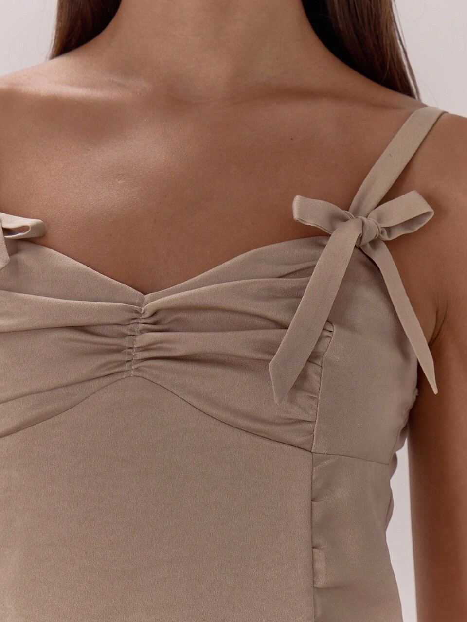 Bow Detail Adjustable Strap Ruched Cup Cinched Cami Top Classy Sexy Cute Night Out Occasion Vacation Autumn Layered  Party Fall Summer Spring Holiday