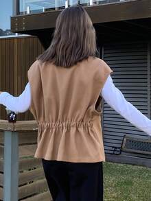 DAZY Damen lässiger einfarbiger locker sitzender ärmellose Wollmantel, Jacke/Weste für Herbst/Winter - Khaki - Übersicht 2