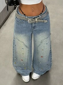 StreetHx Women's Street Style Rhinestone Embellished Low-Rise Baggy Jeans