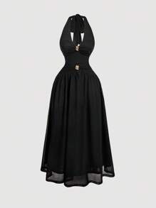 SHEIN MOD 女式无袖褶皱腰优雅中长吊带连衣裙、秋季女装、长裙、舞会礼服、巫师服装、茶会礼服 - 黑色 - 查看 3
