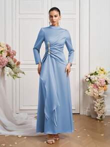 Coutiva Đầm dài tay cổ đứng thanh lịch thời trang mới - Màu xanh nhạt - Xem 4