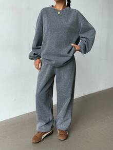 SHEIN 2pcs/Set Teen Girls' Oversized Heather Grey Crew Neck Sweatshirt And Sweatpants Tracksuit, Casual Vintage American Style, Suitable For Autumn/Winter, Back To School Season Grey Sweatpants Wide Leg Sweatpants Flare Sweatpants Two Piece Sweatsuit Grey Two Piece Set Two Piece Pants Set Grey Pants Fall - Dark Grey - View 6