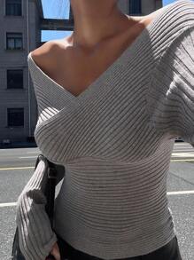 Livesso Women's V-Neck Long Sleeve Casual Fitted Sweater, Autumn - Grey - View 4