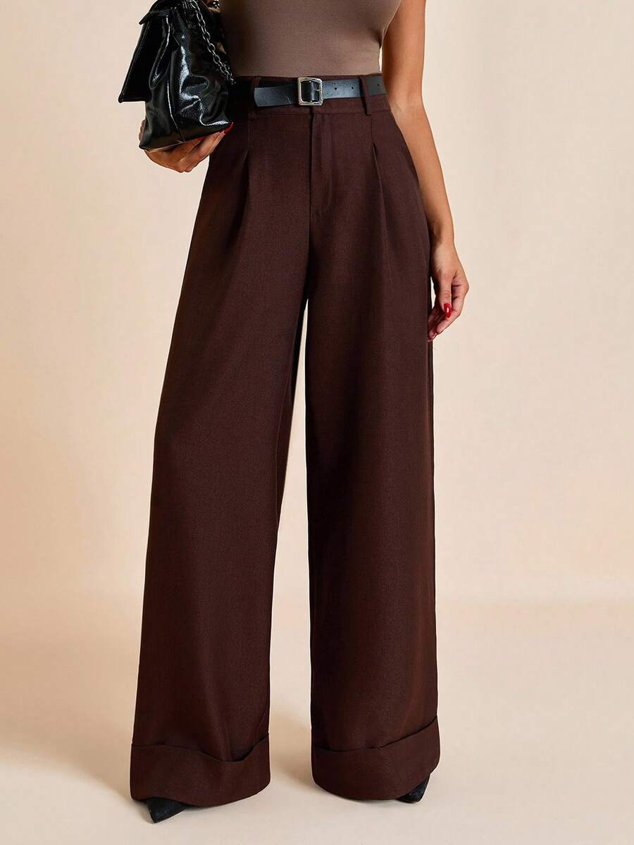 EURMUSE Pantalón de pierna ancha con pliegues, ajuste a medida, moda de verano, ropa de oficina, bolsillos laterales, estilo casual elegante, pliegues delanteros, aspecto nítido, atuendo profesional, diseño elegante, material estructurado, corte clásico, estilo minimalista, moda urbana, aspecto sofisticado, casual de negocios, esencial de temporada, estética moderna - Marrón - Ver 1