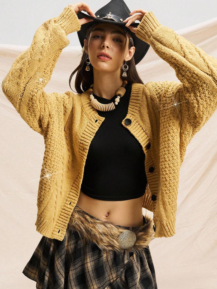 Easelle Áo cardigan dệt kim tay dài dáng suông vai thả họa tiết xoắn cáp, cài cúc đơn, kiểu dáng cao bồi đính sequin, màu vàng mù tạt, thích hợp cho nữ mùa thu đông. - Màu Mù tạt vàng - Xem 1