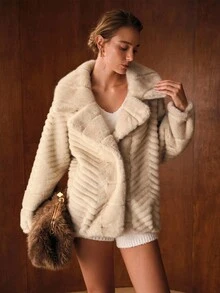 MOTF PREMIUM 纯色翻领人造皮草大衣 - 香檳色 - 查看 6