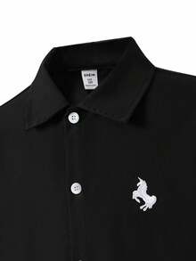 Tween Boy Embroidered Horse Long Sleeve Single-Breasted Casual Shirt, Autumn Fall Winter - Black - View 3